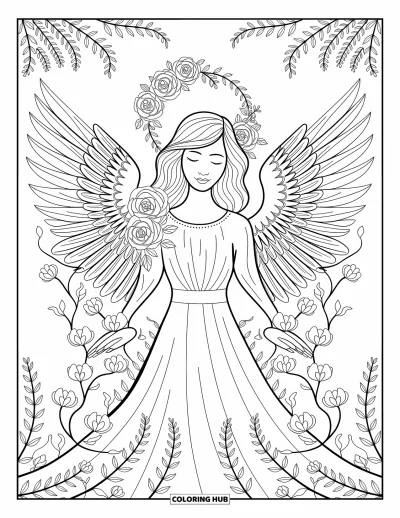 Dibujo de ángeles para colorear para adultos: Un ángel sereno con aureola floral y patrones intrincados en las alas