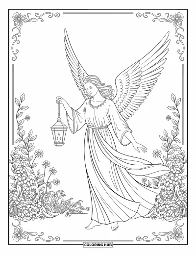 Dibujo de ángeles para colorear para adultos: Un ángel sereno con un farol entre patrones florales detallados