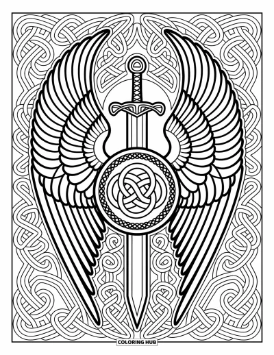 Dibujo de ángeles para colorear para adultos: Un ángel sereno con espada y escudo, rodeado de intrincados patrones celtas