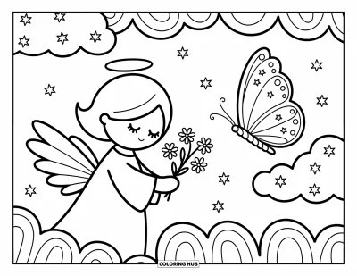 Dibujo de ángeles para colorear para adultos: Un ángel tímido entrega flores a una mariposa sobre una nube