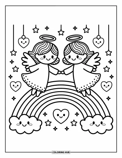 Dibujo de ángeles para colorear para adultos: Un ángel soñoliento sobre una luna creciente flota con estrellas colgantes