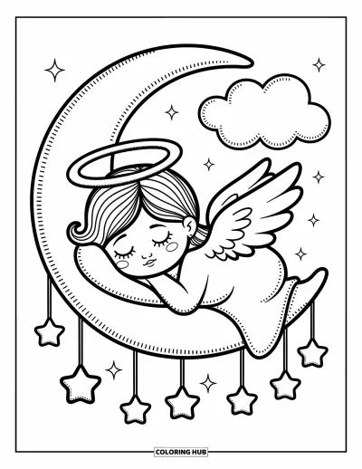 Dibujo de ángeles para colorear para adultos: Un ángel soñoliento se acurruca en una luna creciente con estrellas colgantes