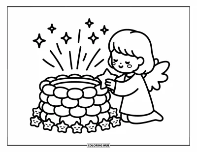 Dibujo de ángeles para colorear para adultos: Un ángel pequeño se arrodilla junto a un pozo de los deseos de nubes con una estrella