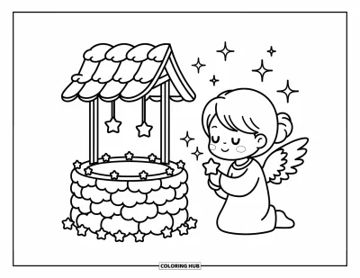 Dibujo de ángeles para colorear para adultos: Un ángel pequeño pide un deseo junto a un pozo de nubes sosteniendo una estrella brillante