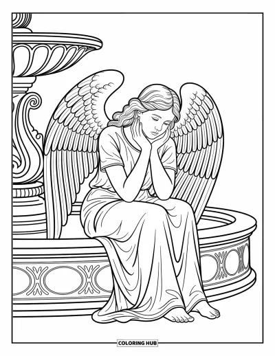 Dibujo de ángeles para colorear para adultos: Un ángel llorando se sienta junto a una fuente con las alas plegadas
