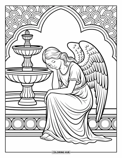 Dibujo de ángeles para colorear para adultos: Un ángel llorando con alas plegadas se sienta en silencio junto a una fuente