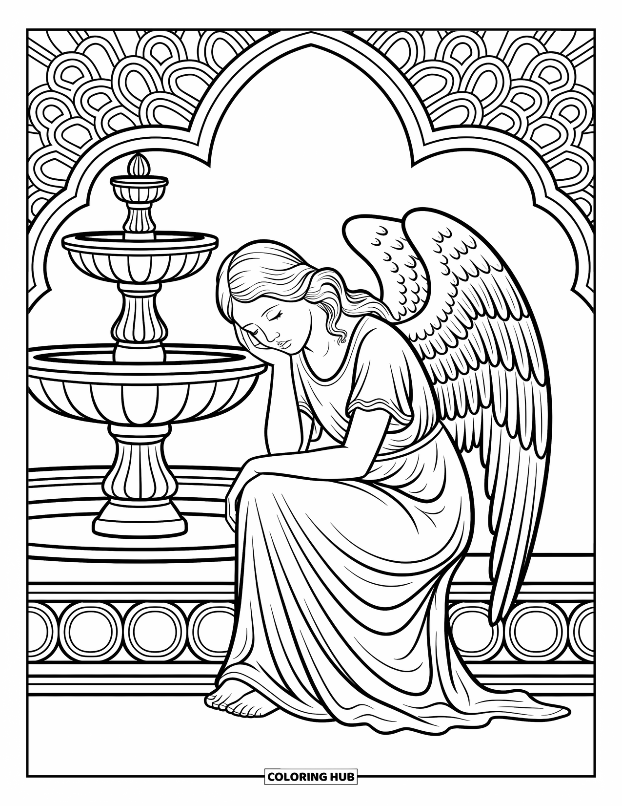 Angel Coloring Page for Adults: A weeping angel with folded wings sits quietly by a fountain