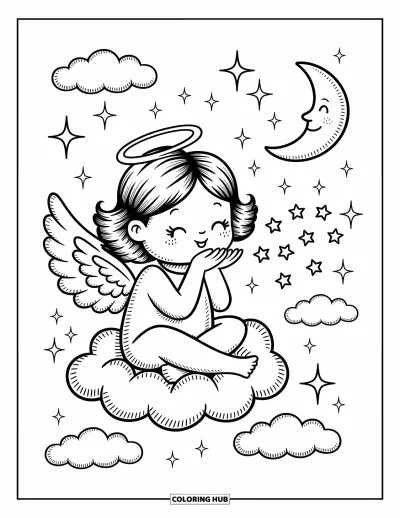 Dibujo de ángeles para colorear para adultos: Un ángel sopla estrellas al cielo desde una nube esponjosa