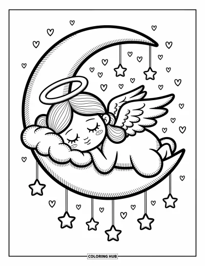 Dibujo de ángeles para colorear para adultos: Un ángel flota con una cesta de corazones brillantes que se vuelven flores