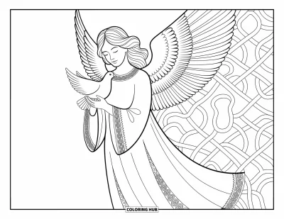 Dibujo de ángeles para colorear para adultos: Un ángel sosteniendo una paloma posa con gracia y delicados detalles de encaje