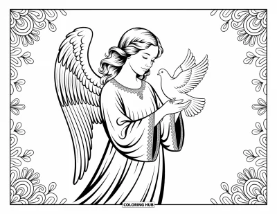 Dibujo de ángeles para colorear para adultos: Un ángel sosteniendo una paloma posa con gracia y detalles de encaje