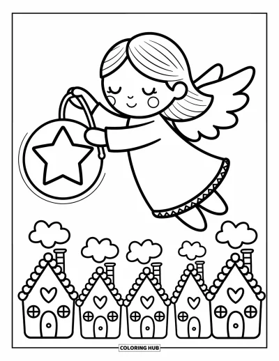 Dibujo de ángeles para colorear para adultos: Un ángel sostiene un farol de estrella sobre un pueblo de nubes