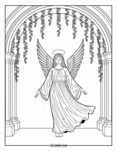 Dibujo de ángeles para colorear para adultos: Un ángel con túnicas fluidas posa bajo un arco con enredaderas colgantes