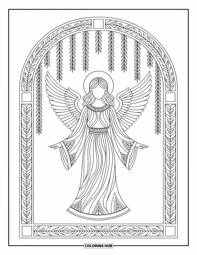 Dibujo de ángeles para colorear para adultos: Un ángel con túnica ornamentada posa con gracia bajo un arco cubierto de enredaderas