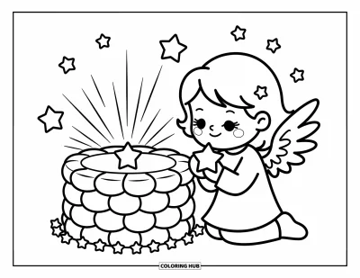 Dibujo de ángeles para colorear para adultos: Un ángel pide un deseo con el corazón junto a un pozo de nubes con estrellas