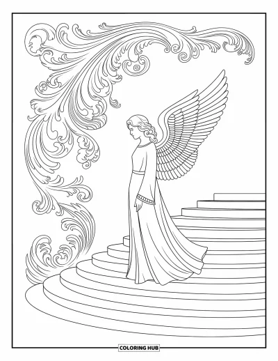 Dibujo de ángeles para colorear para adultos: Un ángel en una escalera con patrones barrocos y diseños ornamentales