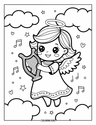 Dibujo de ángeles para colorear para adultos: Un ángel toca un arpa sobre nubes y envía música con estrellas