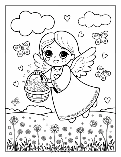 Dibujo de ángeles para colorear para adultos: Un ángel esparce corazones brillantes que se convierten en flores