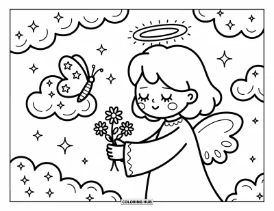 Dibujo de ángeles para colorear para adultos: Un ángel presenta tímidamente flores a una mariposa sobre una nube