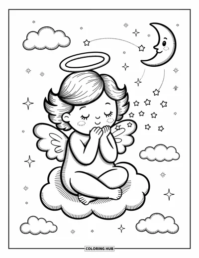 Dibujo de ángeles para colorear para adultos: Un ángel se sienta en una nube soplando estrellas al cielo nocturno