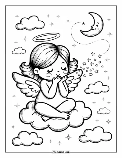 Dibujo de ángeles para colorear para adultos: Un ángel toca un arpa, haciendo que las estrellas titilen suavemente