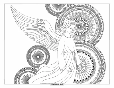Dibujo de ángeles para colorear para adultos: Un ángel rodeado de mandalas con expresión serena