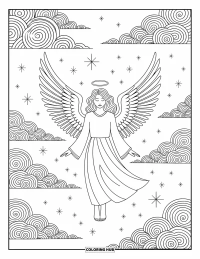 Dibujo de ángeles para colorear para adultos: Un ángel rodeado de nubes y estrellas en espiral con alas intrincadas