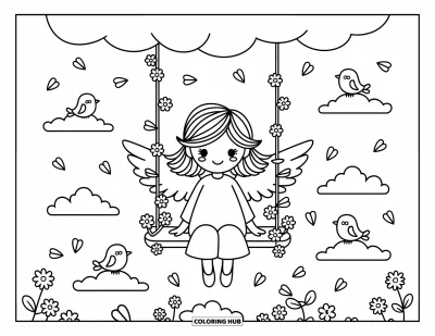 Dibujo de ángeles para colorear para adultos: Un ángel se balancea en nubes envueltas en enredaderas con pequeños pájaros