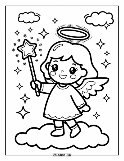 Dibujo de ángeles para colorear para adultos: Un ángel agita una varita estrellada sobre una nube y hace brillar estrellas