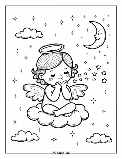 Dibujo de ángeles para colorear para adultos: Un ángel con un arpa flota entre estrellas y nubes