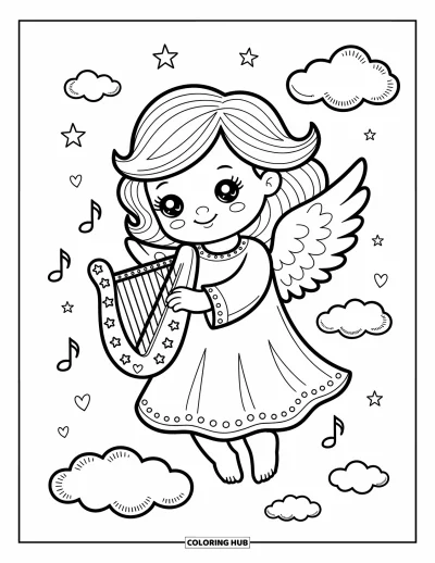 Dibujo de ángeles para colorear para adultos: Un ángel con arpa toca música entre nubes y estrellas