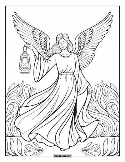 Dibujo de ángeles para colorear para adultos: Un ángel con un farol está en un jardín apacible