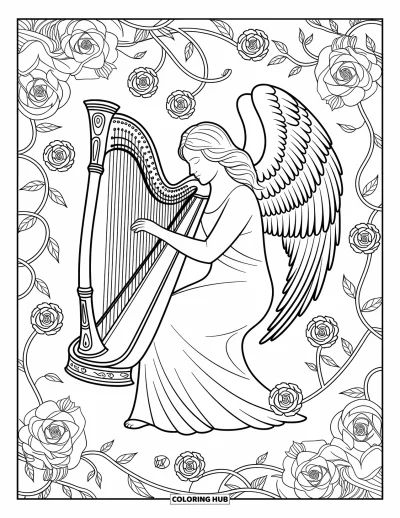 Dibujo de ángeles para colorear para adultos: Un ángel con expresión serena tocando un arpa entre rosas y enredaderas