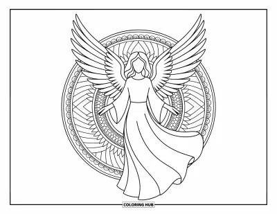 Dibujo de ángeles para colorear para adultos: Un ángel con expresión serena posa entre patrones de mandalas