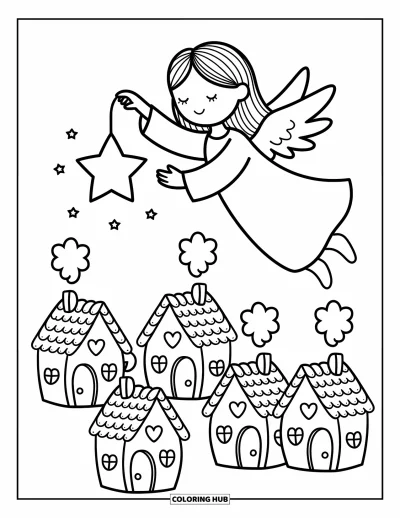 Dibujo de ángeles para colorear para adultos: Un ángel con un farol de estrella flota sobre casitas de nubes