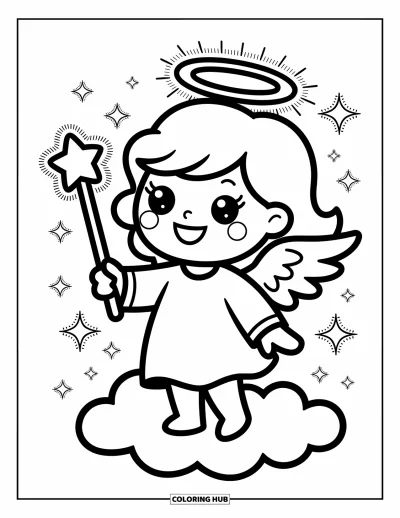 Dibujo de ángeles para colorear para adultos: Un ángel con una varita estrellada lanza destellos y estrellas alrededor