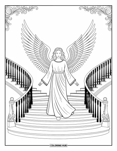 Dibujo de ángeles para colorear para adultos: Un ángel con alas de estilo barroco en una escalera elegante