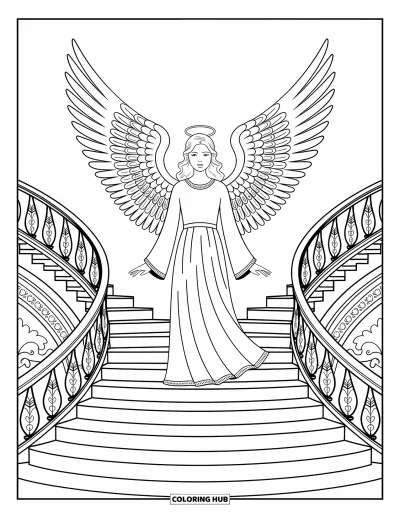 Dibujo de ángeles para colorear para adultos: Un ángel con alas barrocas en una gran escalera sinuosa