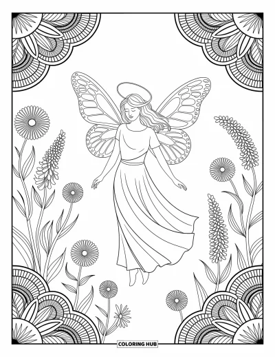 Dibujo de ángeles para colorear para adultos: Un ángel con alas de mariposa flota con gracia entre flores silvestres