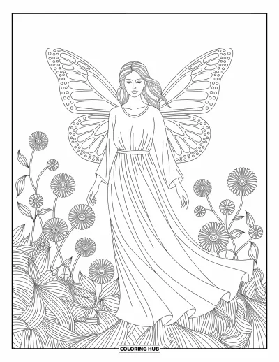 Dibujo de ángeles para colorear para adultos: Un ángel con alas de mariposa posa entre flores silvestres