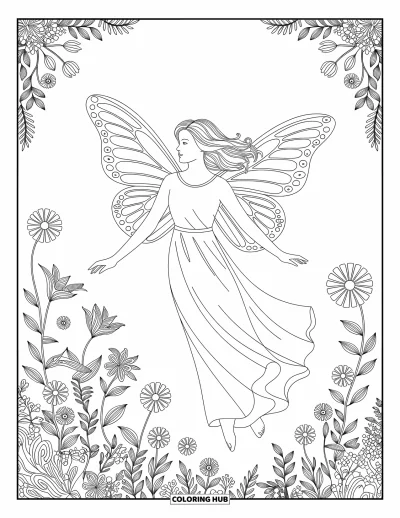 Dibujo de ángeles para colorear para adultos: Un ángel con alas de mariposa posa con elegancia entre flores silvestres