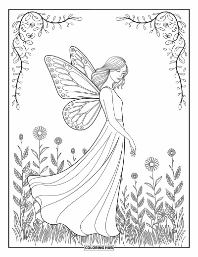 Dibujo de ángeles para colorear para adultos: Un ángel con alas de mariposa posa con gracia entre flores