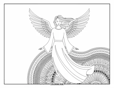 Dibujo de ángeles para colorear para adultos: Un ángel con alas delicadas está rodeado de mandalas intrincados