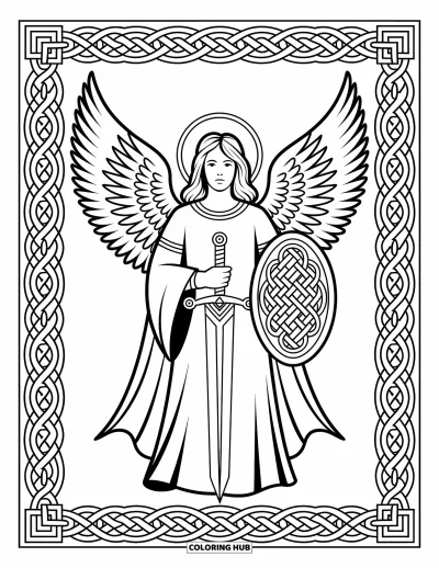 Dibujo de ángeles para colorear para adultos: Un ángel con alas delicadas toca un arpa entre enredaderas y rosas