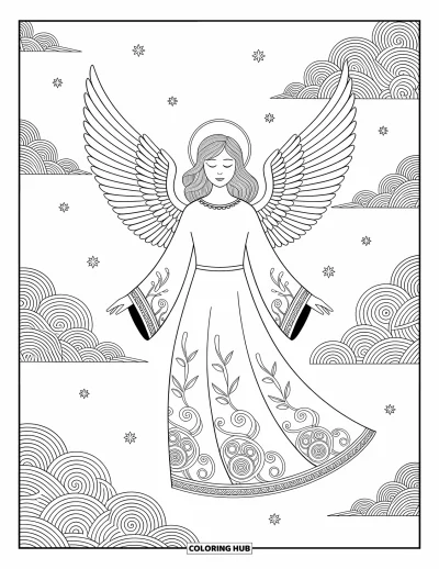 Dibujo de ángeles para colorear para adultos: Un ángel con alas delicadas posa entre nubes y estrellas