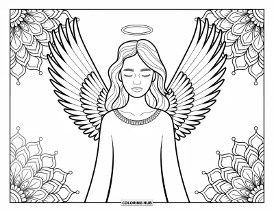 Dibujo de ángeles para colorear para adultos: Un ángel con alas delicadas posa entre mandalas intrincados