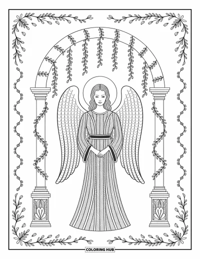 Dibujo de ángeles para colorear para adultos: Un ángel con túnicas detalladas posa bajo un arco cubierto de enredaderas