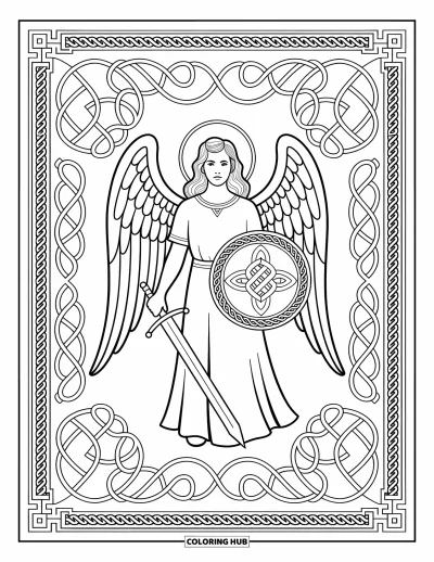 Dibujo de ángeles para colorear para adultos: Un ángel con túnicas detalladas bajo un arco adornado con enredaderas
