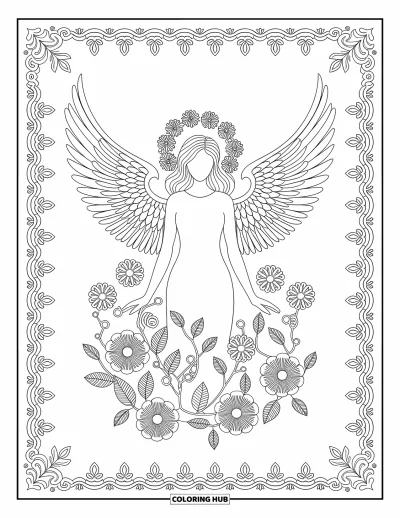Dibujo de ángeles para colorear para adultos: Un ángel con alas elaboradas y aureola floral entre flores detalladas