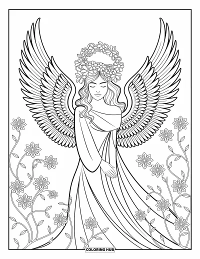 Dibujo de ángeles para colorear para adultos: Un ángel con alas de plumas y aureola floral entre flores intrincadas